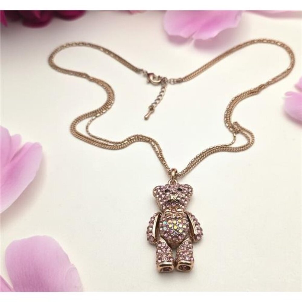 Rose Gold Tone Teddy Bear Pendant Necklace Pink AB Rhinestones 20 in Adj.